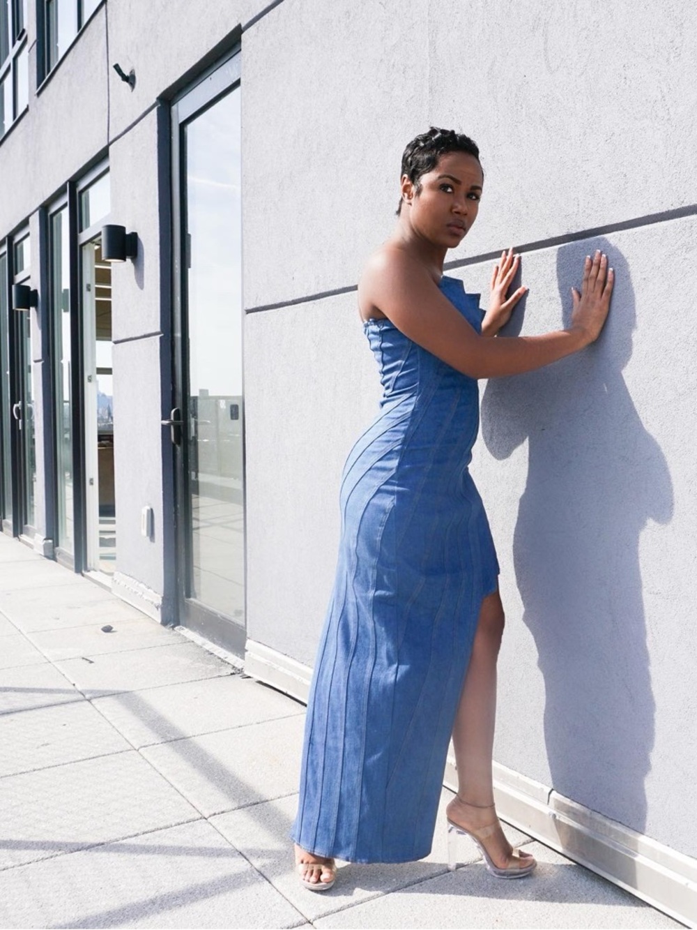 One-Shoulder Blue Maxi Dress with Side Slit